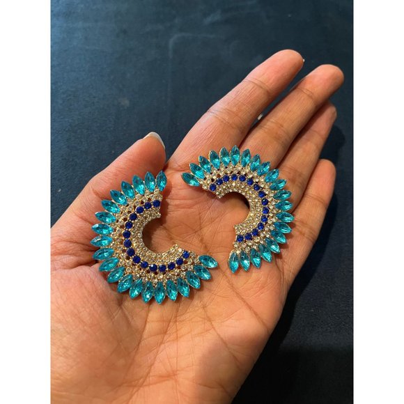 Aquamarine earrings large rhinestone crystal stud blue large aqua big earring - Picture 7 of 8